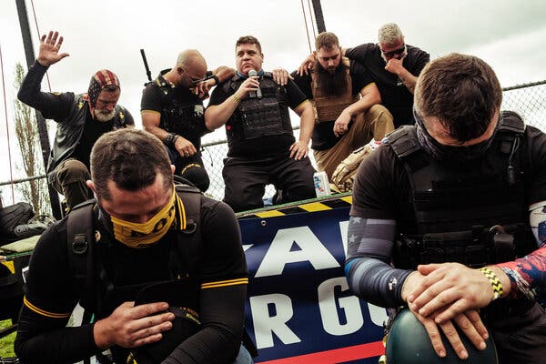 Members of the right-wing Proud Boys and their supporters arrived in a Portland park on Saturday before a planned rally and march.