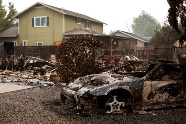 A burned car in Phoenix, Ore. The Almeda Fire swept through southern Oregon towns.